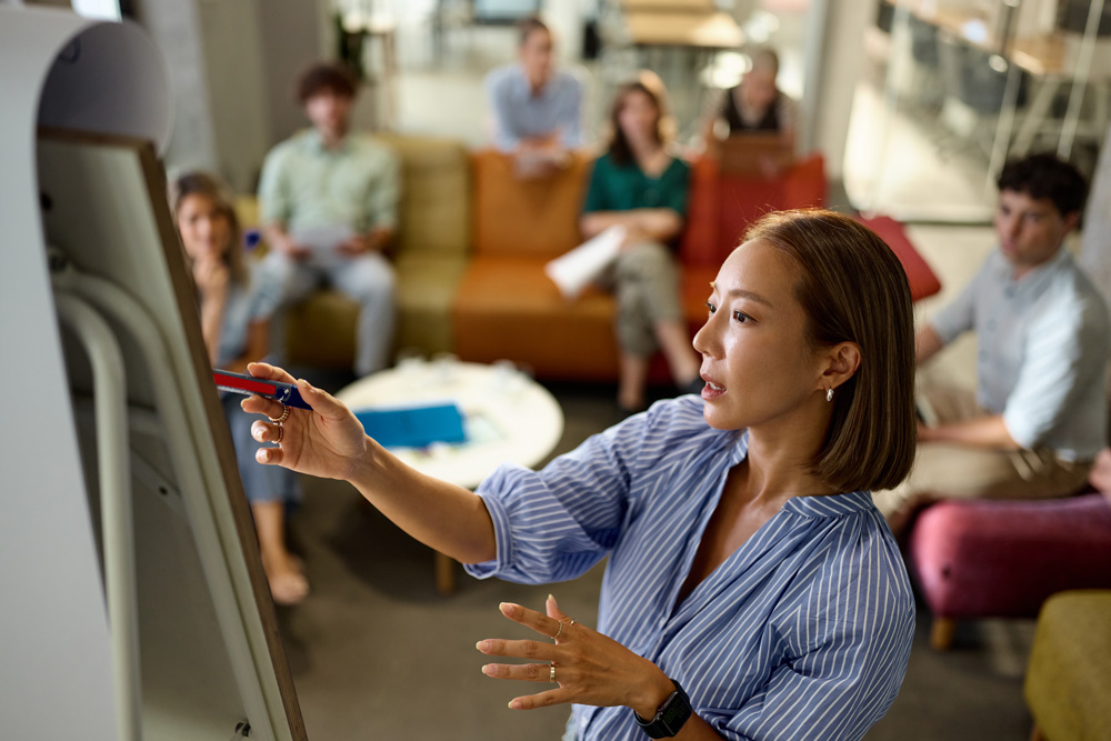 Woman leading business presentation in office